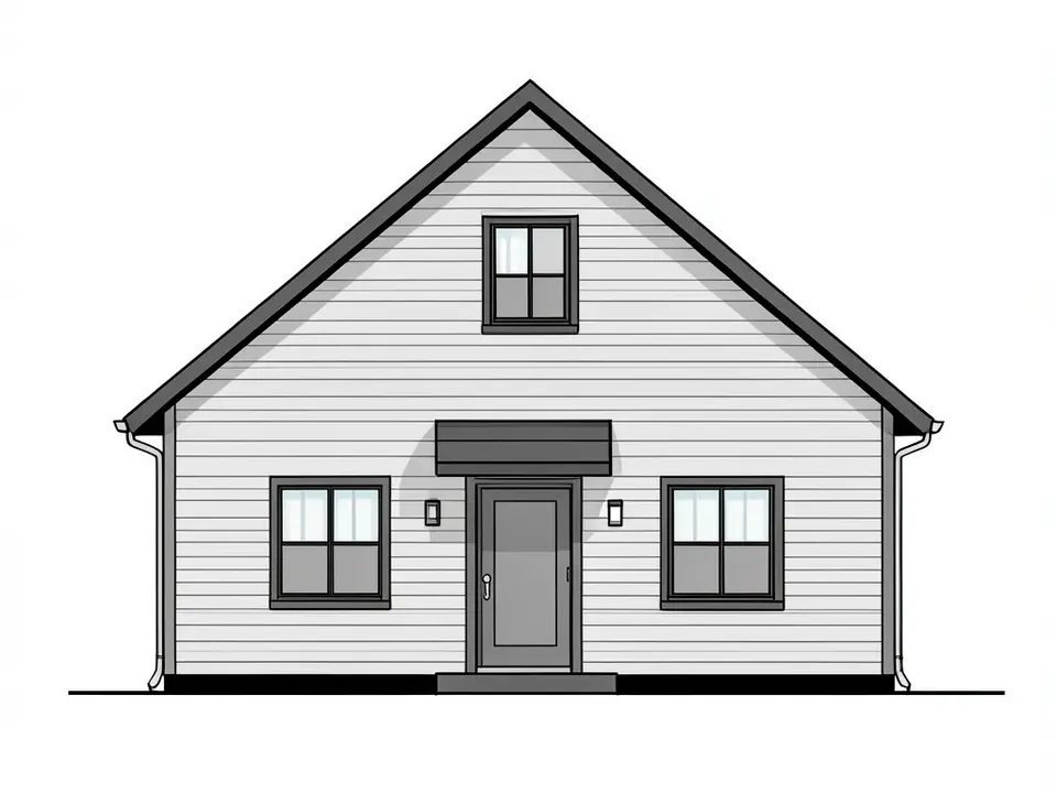 Black and grey line-drawing front elevation of a small house with a steep gable roof, horizontal siding, a central front door under a small canopy and one window on each side, with a window in the gable
