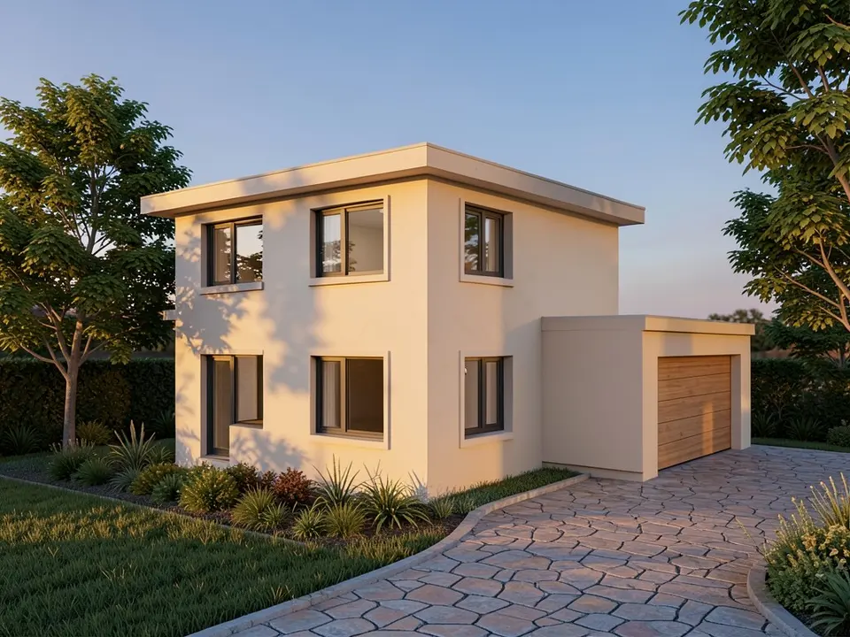 Photo-like golden hour image of the same villa with warm cream walls, dark window frames, a timber garage door, a stone paved driveway, a lawn with low planting and large trees at both sides, long shadows and a blue evening sky