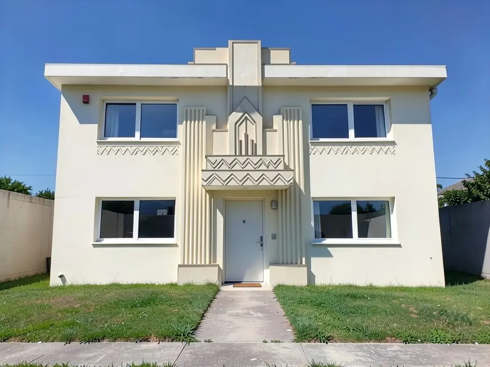 The same house with a stepped parapet rising above the roof over the front door, tall vertical fluted pilasters either side of the door, a zig-zag relief band, and the same cream walls, windows, lawn and path