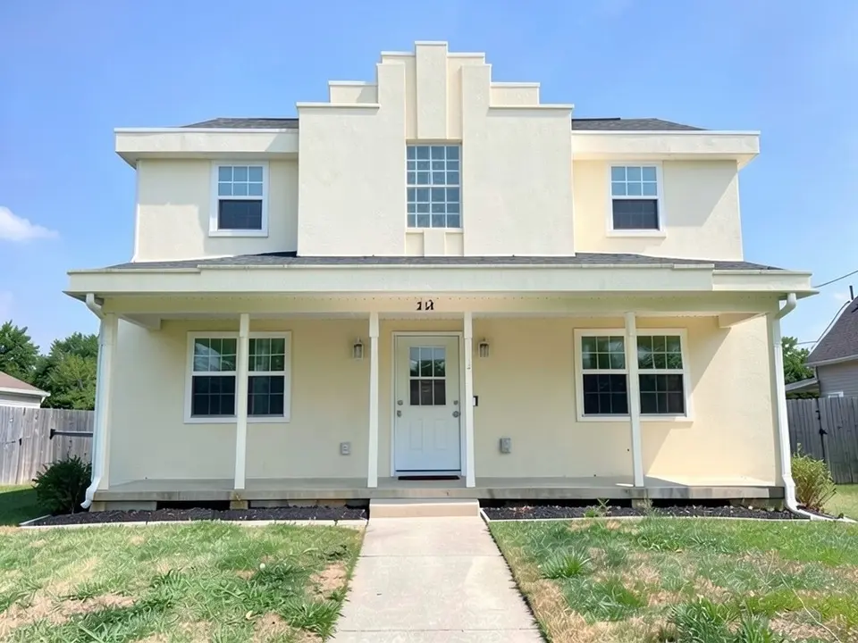 The same house with smooth pale cream walls, a stepped central parapet above the front in place of the gable, a tall narrow window in the centre, and the porch with its thin posts still in place