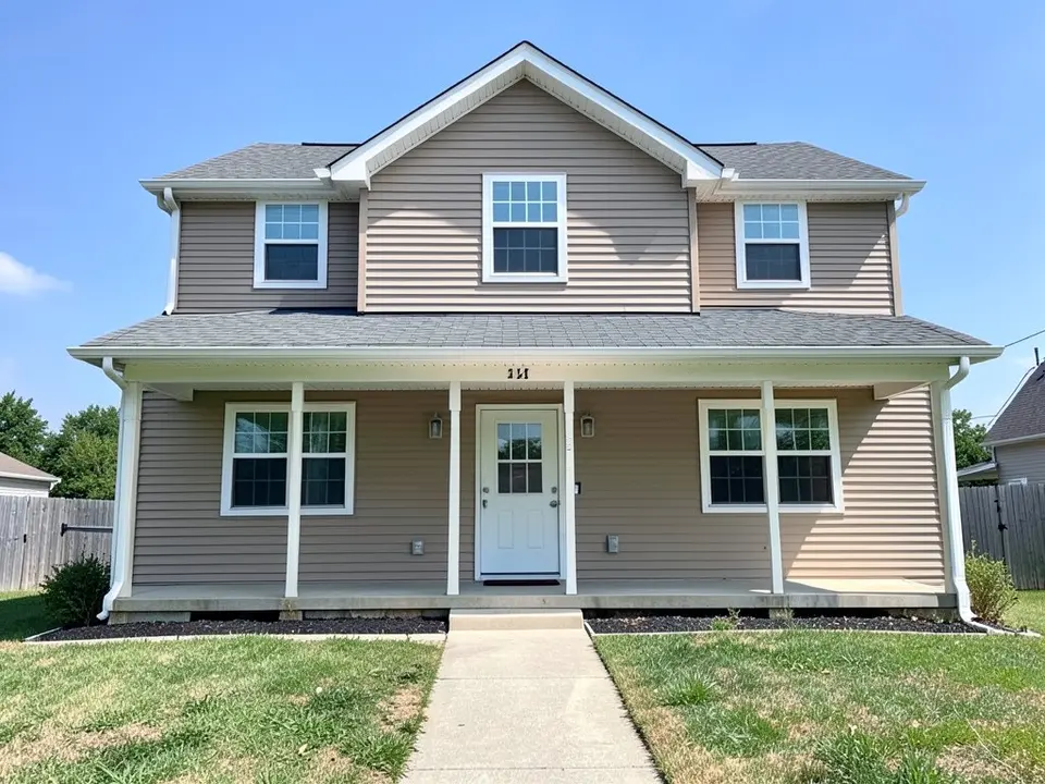 Front of an ordinary two-storey house with beige horizontal siding, a grey gable roof, a full-width porch on thin white posts, white-framed windows, a lawn and a concrete path