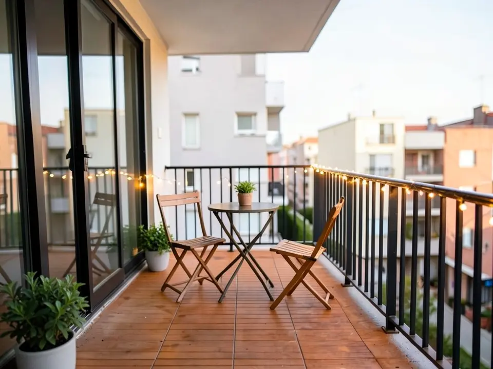 The same balcony with an orange-brown wooden deck floor, a small round bistro table with a plant on it, two wooden slatted folding chairs, a large potted plant in the front corner, a smaller one near the door and warm string lights along the railing
