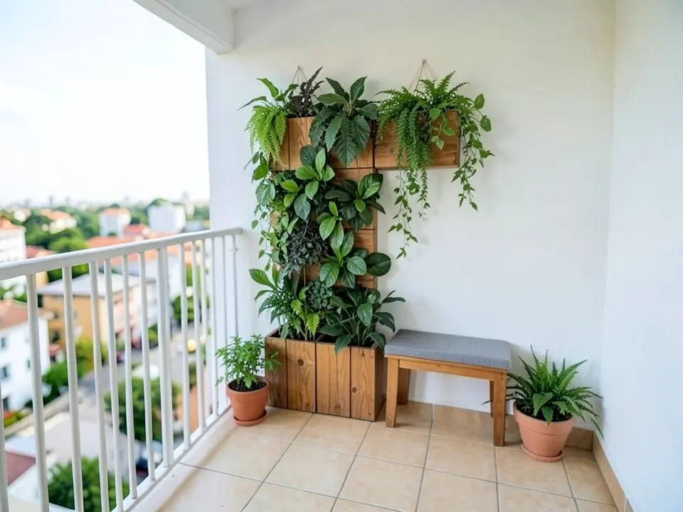 The same balcony with a wall of leafy plants in wooden planters and hanging pots on the back wall, a wooden planter box on the floor beneath them, a low wooden bench with a grey cushion, and two terracotta pots with plants on either side