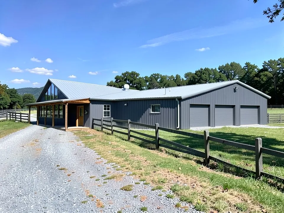 The same lot with a long dark grey metal barndominium with a light grey metal gable roof, a tall glass gable at the left end over a covered wood porch, and three grey roll-up shop doors at the right end; the driveway, fence, trees and hills unchanged
