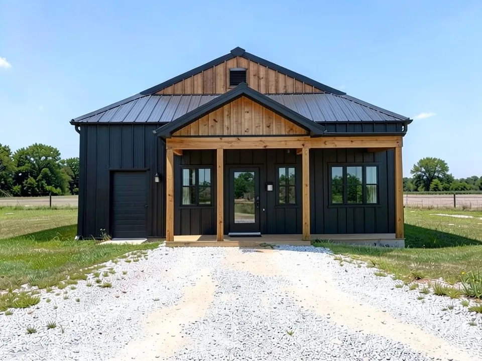 The same building as a black barndominium with vertical black metal siding, wood cladding in the gable, a new covered wood porch on cedar posts in front of a glass front door and black-framed windows, a black door on the left, the gravel drive, fields and trees unchanged