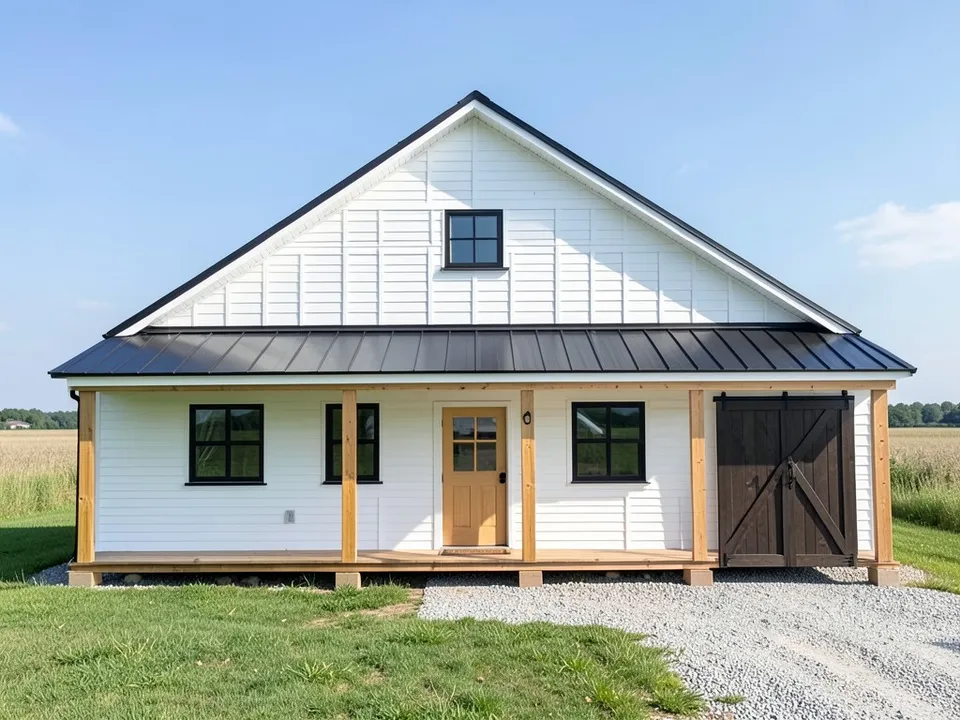 A photo-like render of the same house with white siding, a black standing-seam metal porch roof, black windows, a natural wood front door, cedar porch posts, a dark wood cross-braced sliding barn door on the right and a gravel drive, with fields behind