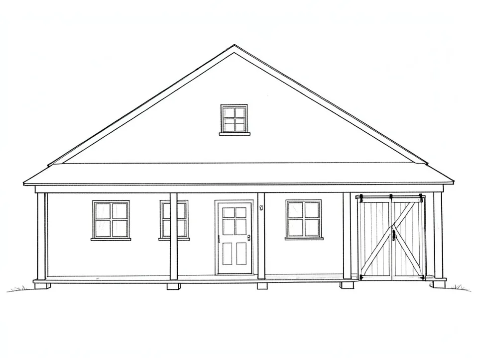 A black pencil line sketch on white paper of a long single-storey barn-shaped house with a wide gable roof and a small gable window, a full-width porch on square posts, a door in the middle, windows on both sides and a cross-braced sliding barn door at the right end