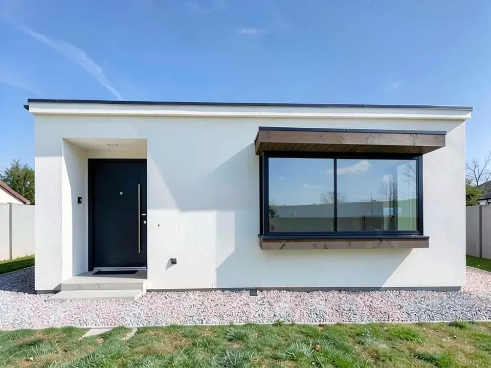 The same house where the wide window is now a black-framed glass box that projects from the wall, with a dark timber roof above it
