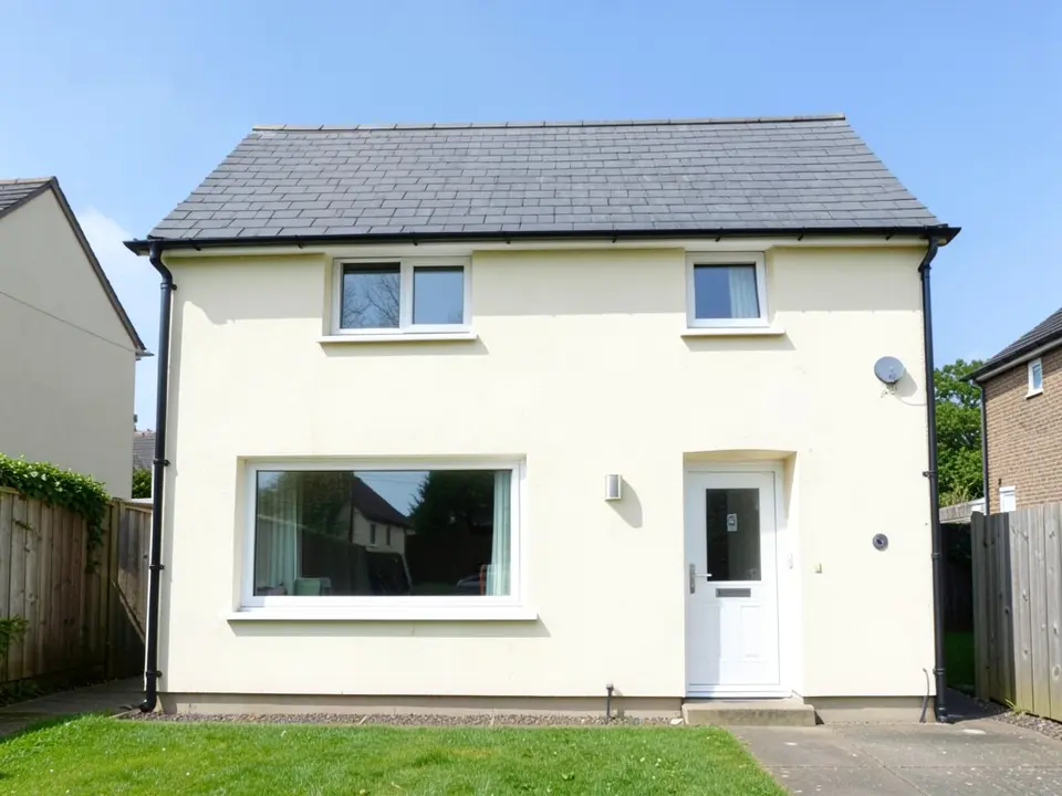 Front of a two-storey cream-rendered house with a grey roof, a white front door and a wide flat picture window in a white frame on the ground floor
