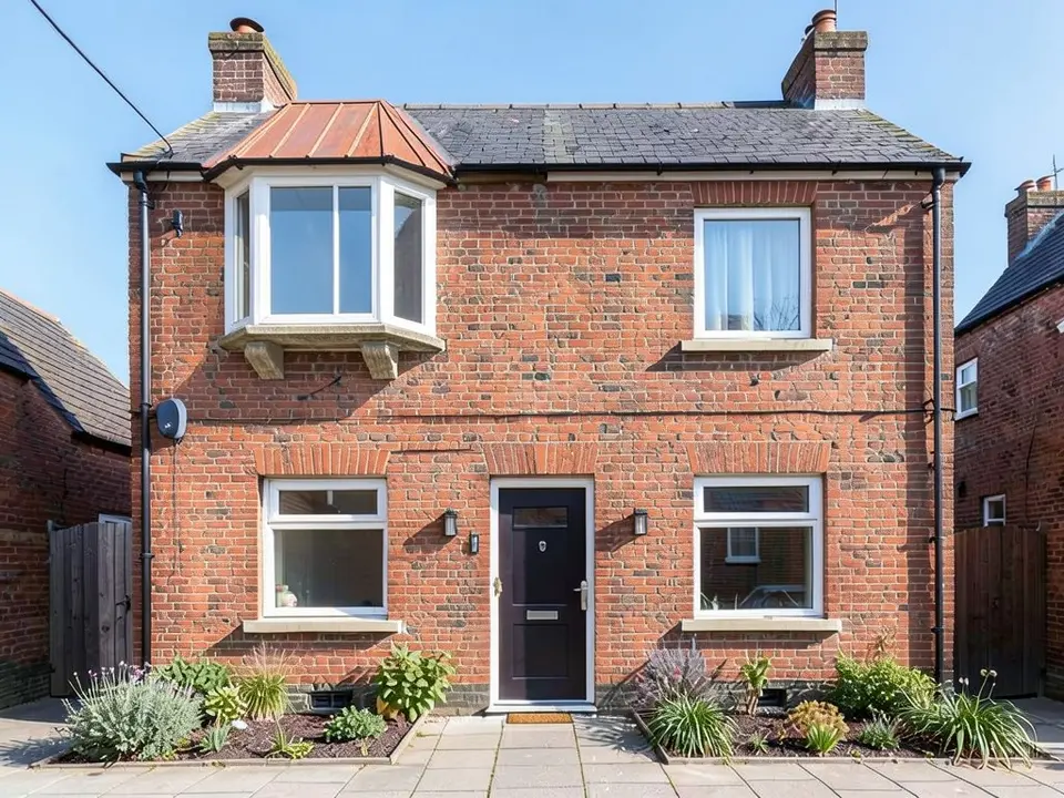 The same brick house where the upper-left window is now an angled oriel window with white frames, stone corbels under it and a small copper roof