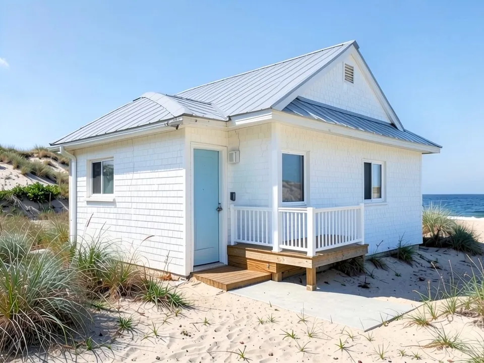 The same cottage with white shingle walls, a light grey standing-seam metal roof, a light blue front door and a small wooden porch with white railings at the right corner; the windows, path, sand, dune and ocean unchanged