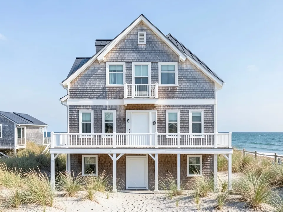 A photo-like render of the same house with weathered silver cedar shingles, white window trim, a dark grey metal roof, white railings on the deck and the small balcony, beach grass and sand in front, a neighbouring house on the left and the ocean on the right