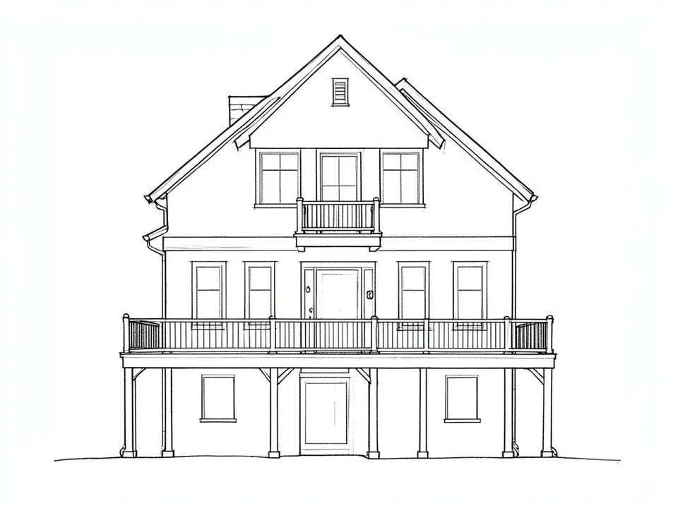 A black pencil line sketch on white paper of a tall house with a steep main gable and a chimney, a small balcony under the gable, a wide railed deck across the middle floor, a ground floor on posts with a door and two windows