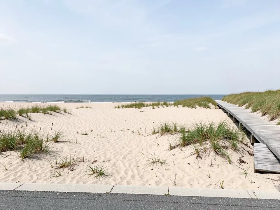 An empty sandy beach lot with patches of beach grass, a wooden boardwalk on the right leading to the dunes, the ocean on the horizon and a curb and road at the bottom