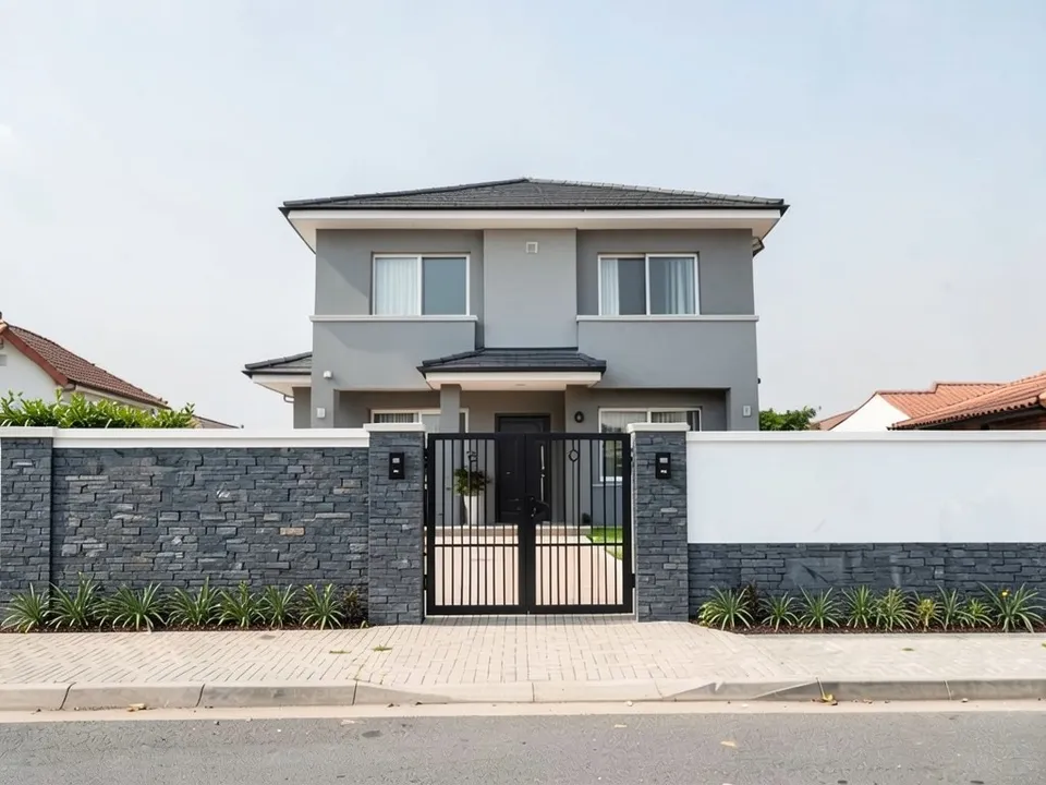 The same house with the boundary wall redone in dark grey stone cladding with a smooth white plastered band on the right-hand part, stone-clad square pillars by the gate and a strip of plants along the foot of the wall