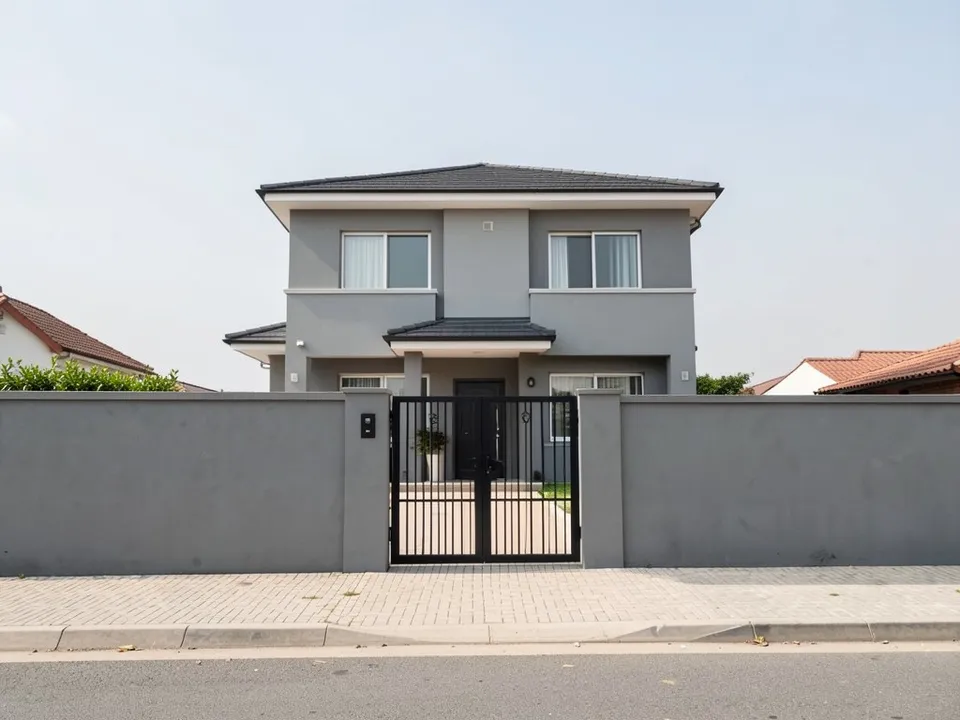 A modern two-storey grey house behind a plain grey cement boundary wall with a black steel gate, a paved pavement and a street