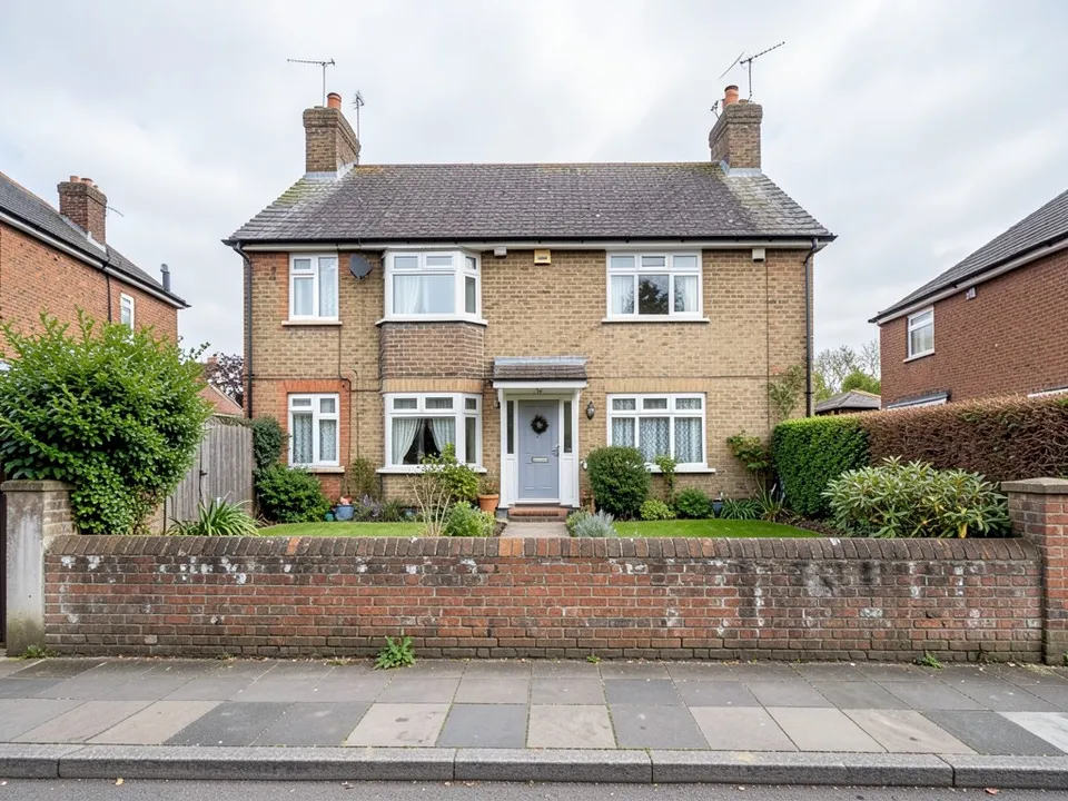 A UK brick house with a front garden behind a low worn red brick wall with an opening for the path, and a pavement