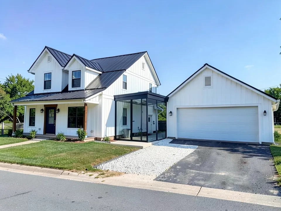 The same house and garage joined by a low flat-roofed glass link with black framed floor-to-ceiling glass
