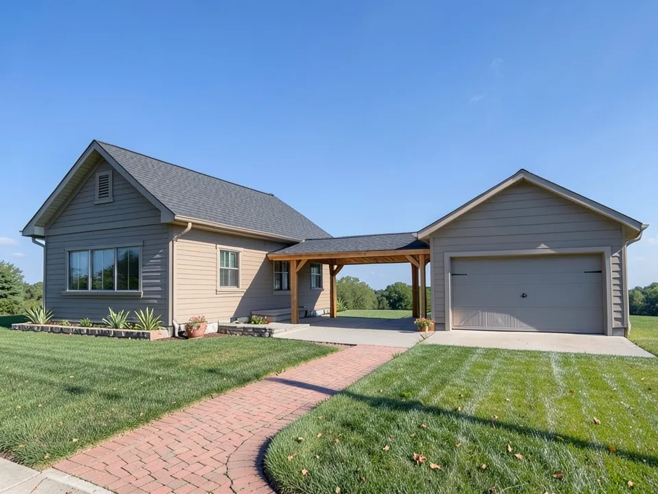 A photo-like render of the same house and garage in warm grey siding with a dark shingle roof, linked by a breezeway on natural timber posts and beams, a curving brick path and a lawn