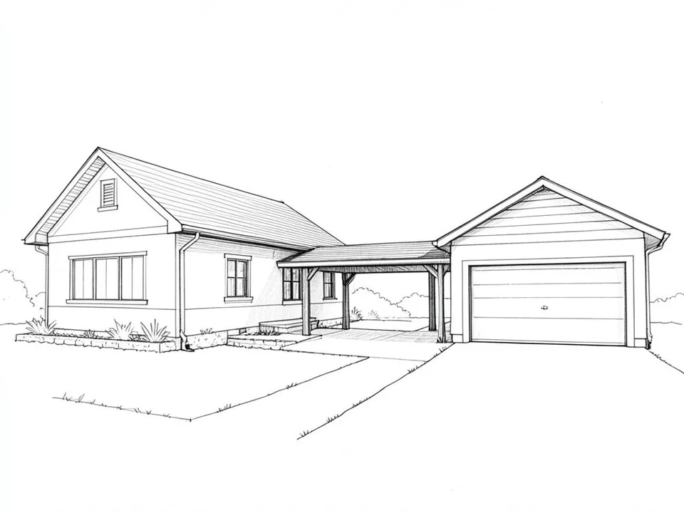 A black pencil line sketch of a single-storey house and a detached garage linked by a covered breezeway on timber posts, with a path leading to it