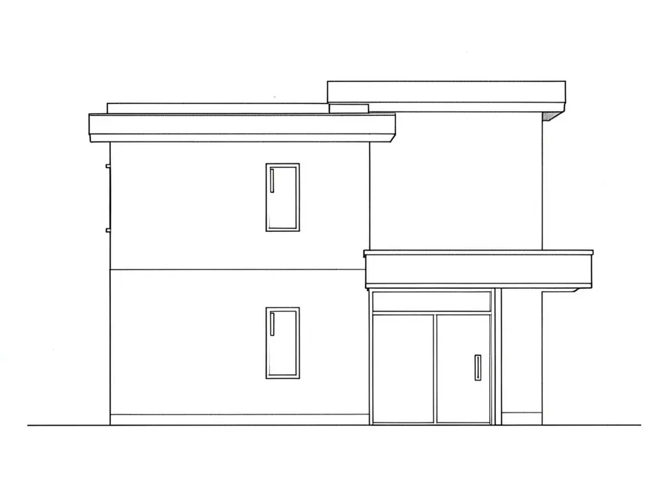 A black line sketch on white paper of a heavy blocky house: a two-storey block on the left with a thick flat roof slab, a taller block set back on the right with its own slab, a thick canopy over glazed double doors at the lower right and two slim windows on the left block