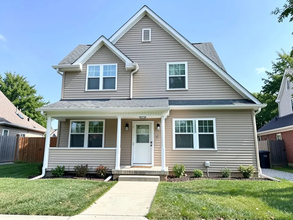 Front of an ordinary two-storey house with beige horizontal siding, a steep grey gable roof with a front-facing gable, a porch on thin white posts, white-framed windows, a lawn and a concrete path