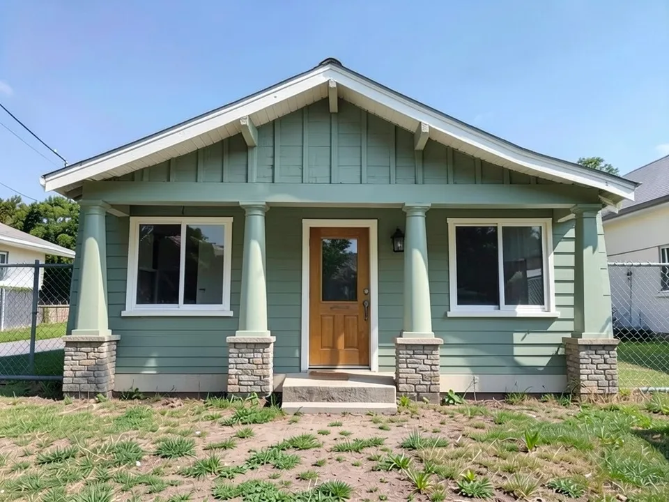 The same house as a Craftsman-style bungalow with a front gable with wide eaves and brackets, sage green siding with board-and-batten in the gable, a porch on columns set on stone bases, white trim and a wood door with a glass panel; lawn and fence unchanged