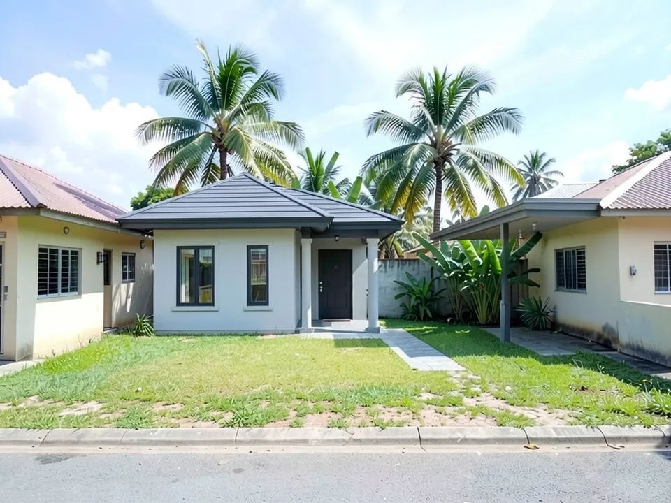 The same lot with a new single-storey bungalow with white and light grey plastered walls, a dark grey hip roof, dark framed windows, a porch on two slim columns, a tiled path and a flat-roofed carport on the right; the wall, palms, street and neighbours unchanged