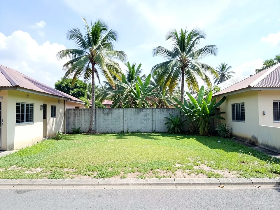 An empty flat house lot in a tropical suburb with short grass, a concrete wall at the back, coconut palms and banana plants by the wall, a paved street at the bottom and one-storey neighbouring houses with tin roofs at both edges