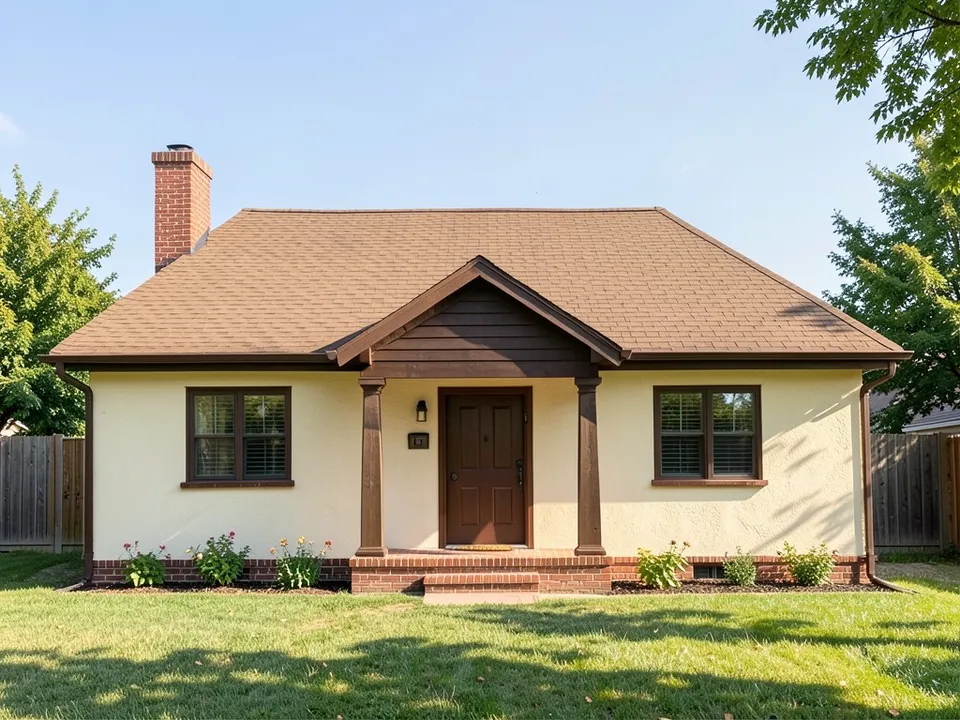 A photo-like render of the same house with cream stucco walls, a brown shingle hip roof, dark wood porch columns on a brick step, a dark wood door, a red brick chimney, a lawn, flowers, fences and trees
