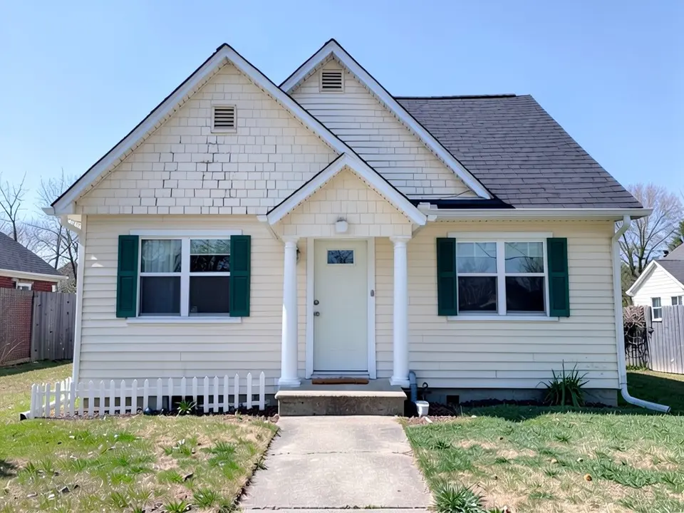 The same house with a small gabled portico on two white round columns over the front door, dark green shutters beside both windows and a low white picket fence along the foot of the front wall; roof, siding, windows and path unchanged