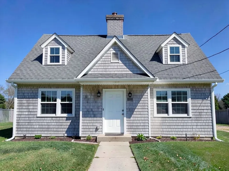 The same house with grey weathered cedar shingles on the walls and on the front gable, two small gable dormers with white-framed windows on the roof either side of the chimney, and the same door, windows, lawn and path