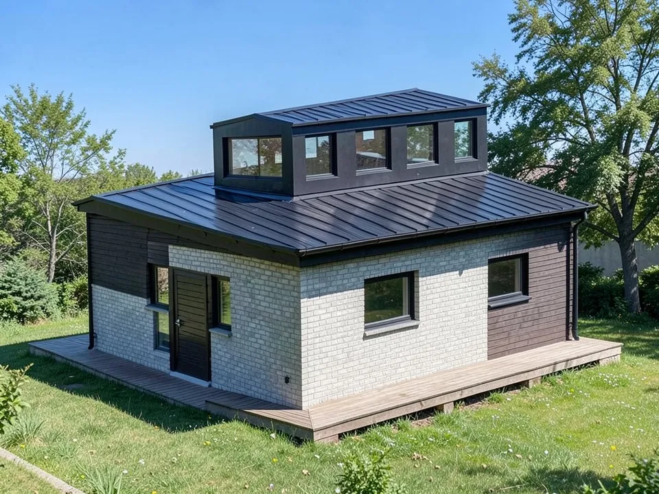 A photo-like render of the same house with a black metal roof, a raised black section with a row of glass clerestory windows, light grey brick and dark clad walls, a timber deck, a lawn and trees