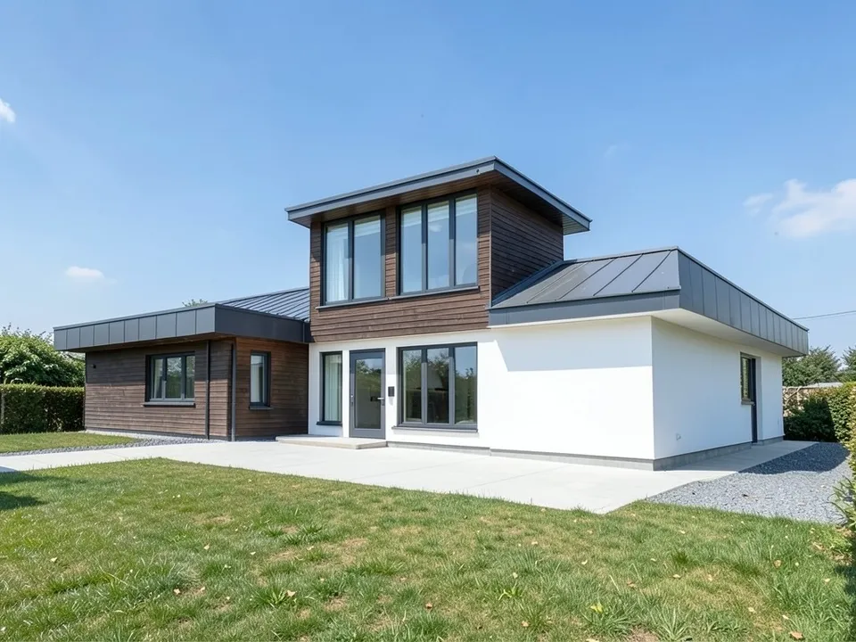 A photo-like render of the same house with a dark timber clad raised section with a band of black framed glass, white rendered lower walls, dark grey metal roofs, a concrete path and a lawn
