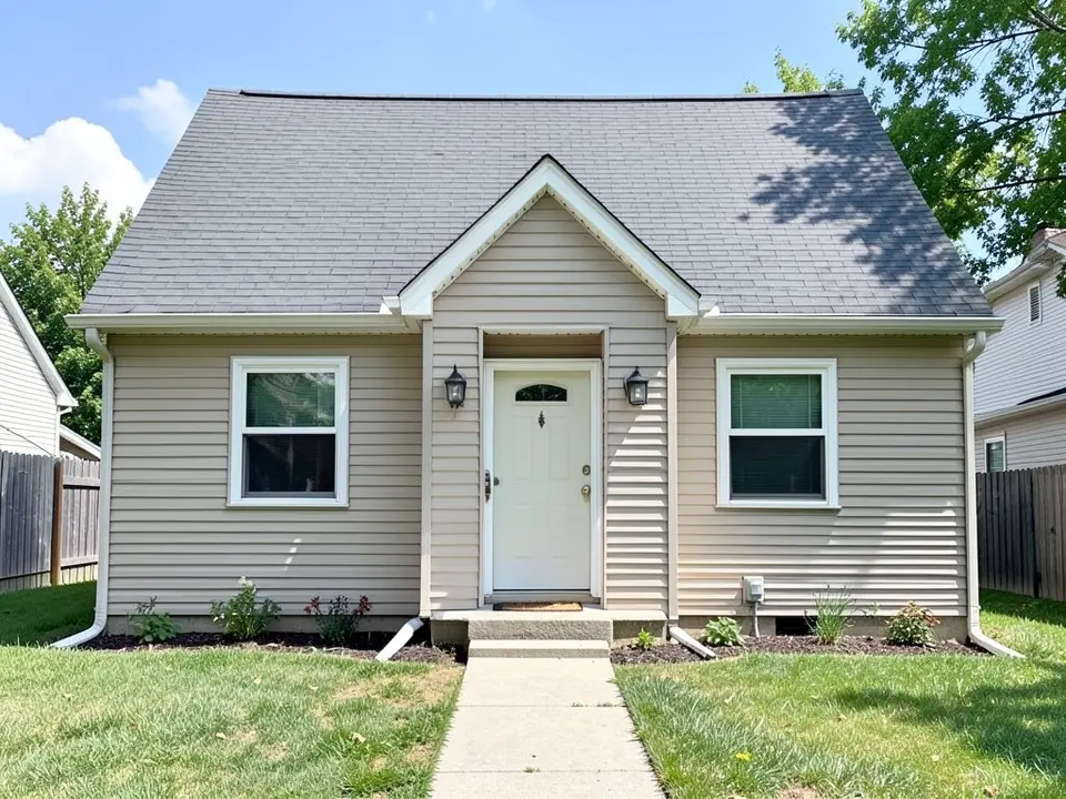 Front of a small one-and-a-half storey house with beige horizontal siding, a steep grey shingle roof, a small gable over a white front door with a lantern on each side, one white-framed window on each side of the door, a lawn and a concrete path