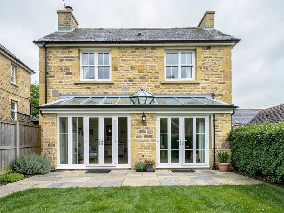 The same house with a single-storey orangery across the two sets of French doors, with white-framed tall glazing, stone piers between the doors, a white fascia and a flat glass roof with a small dark-framed lantern in the middle, with the same slate roof, chimneys, upstairs windows, patio, pots, hedge and lawn