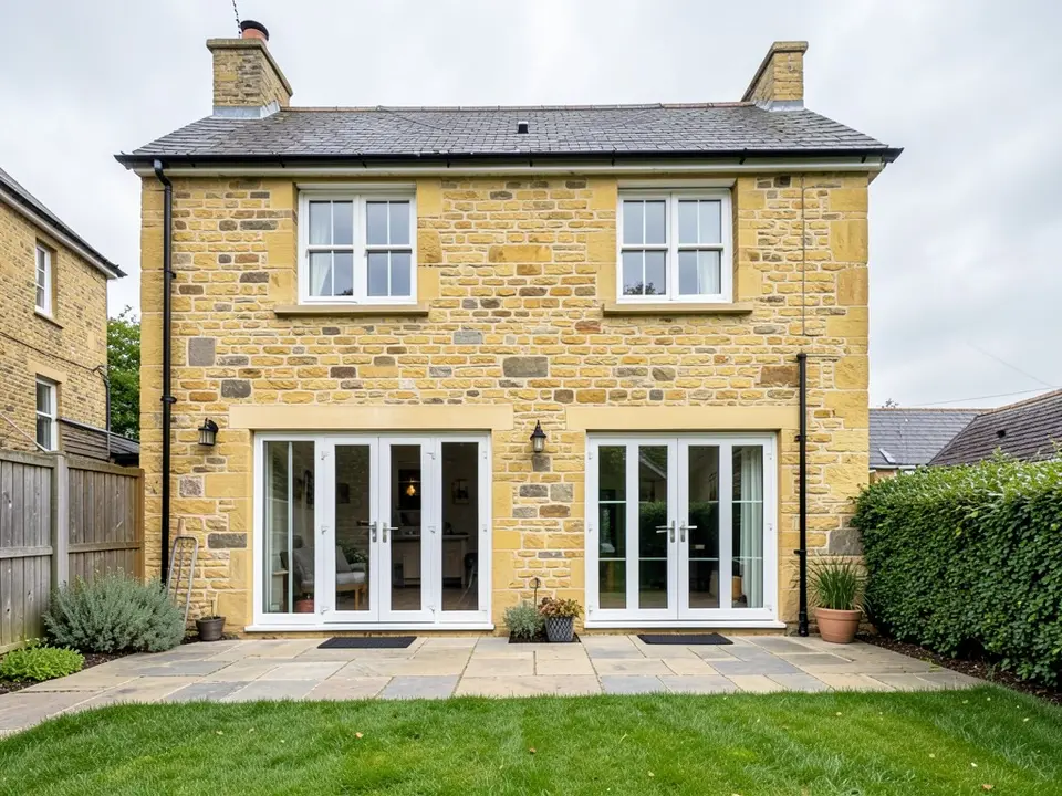 Back of a two-storey yellow stone house with a dark slate roof and two chimneys, two white-framed windows upstairs, two sets of white French doors on the ground floor with stone bands above them and a wall lamp between them, plant pots, a stone patio, a hedge on the right, a fence on the left and a lawn