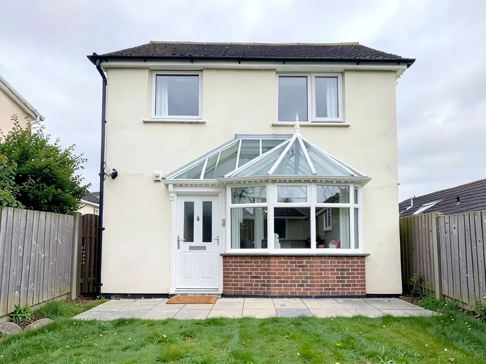 The same house with a white-framed Victorian-style conservatory with a low red brick base, a bay-shaped glazed front and a pointed multi-faceted glass roof with a small finial, built over the kitchen window and beside the back door, with the same upstairs windows, roof, fences, patio and lawn
