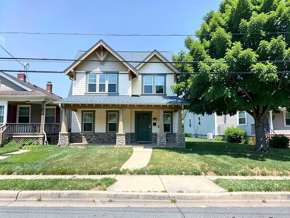 The same lot with a new two-storey Craftsman house with two front gables and timber brackets, a porch on columns over stone bases, white lap siding, a blue-grey shingle roof, a dark green door and a path to the sidewalk