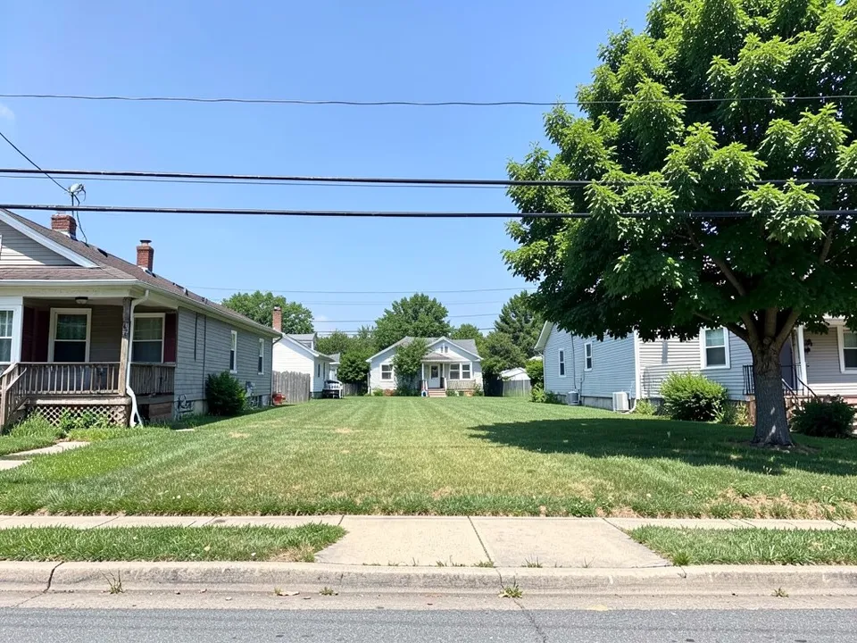 An empty grassy lot between two houses, with a big tree on the right, power lines and a sidewalk