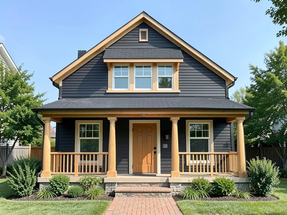 A photo-like render of the same house with charcoal lap siding, a black shingle roof, natural wood trim, columns and railing, white windows, a wood door, a brick path and green shrubs