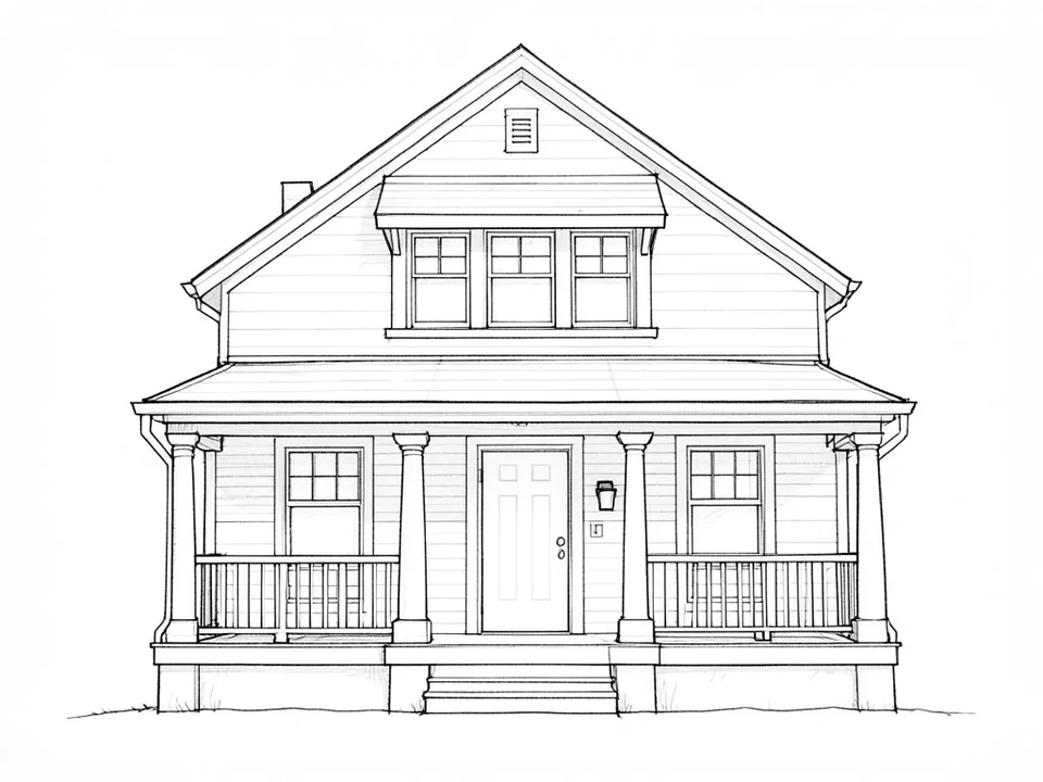 A black pencil line sketch of a storey-and-a-half house with a front gable, a gabled dormer with three windows and a front porch on turned columns with a railing