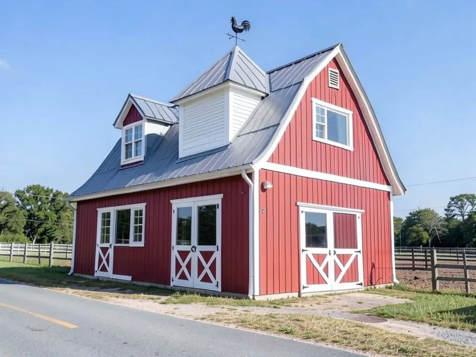 The same barn with a large square white louvred cupola with a grey metal pyramid roof and a rooster weathervane on the ridge