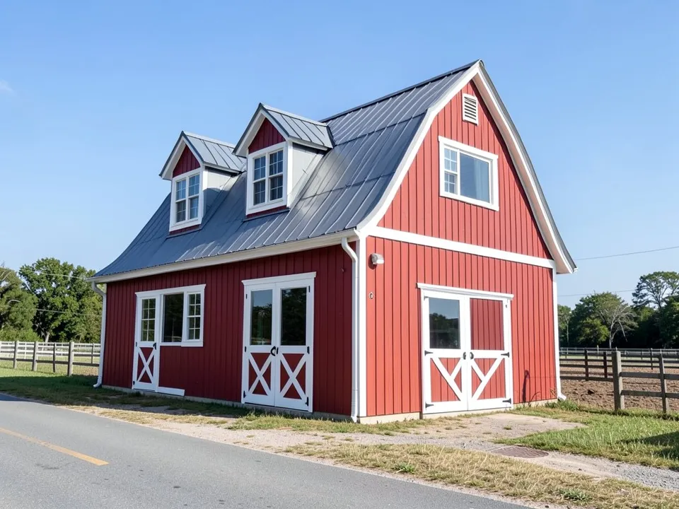 A red barn-style building with a gambrel roof in grey metal, two dormers, white trim, white cross-braced doors and a fenced paddock