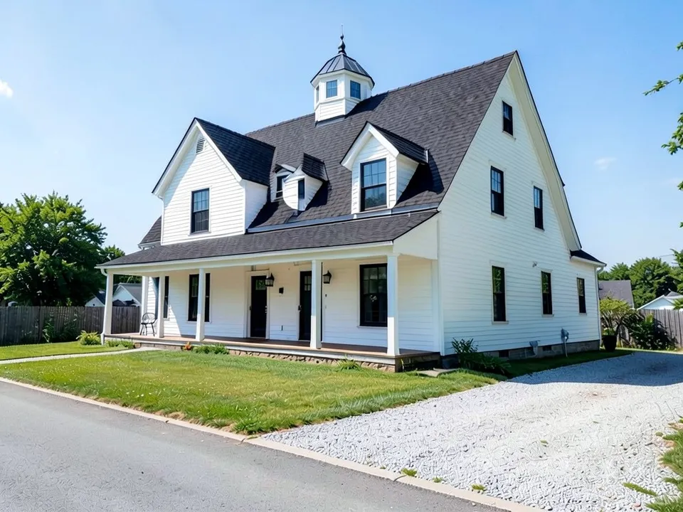 The same farmhouse with a white octagonal cupola with small glass windows, a black metal roof and a finial on the main roof