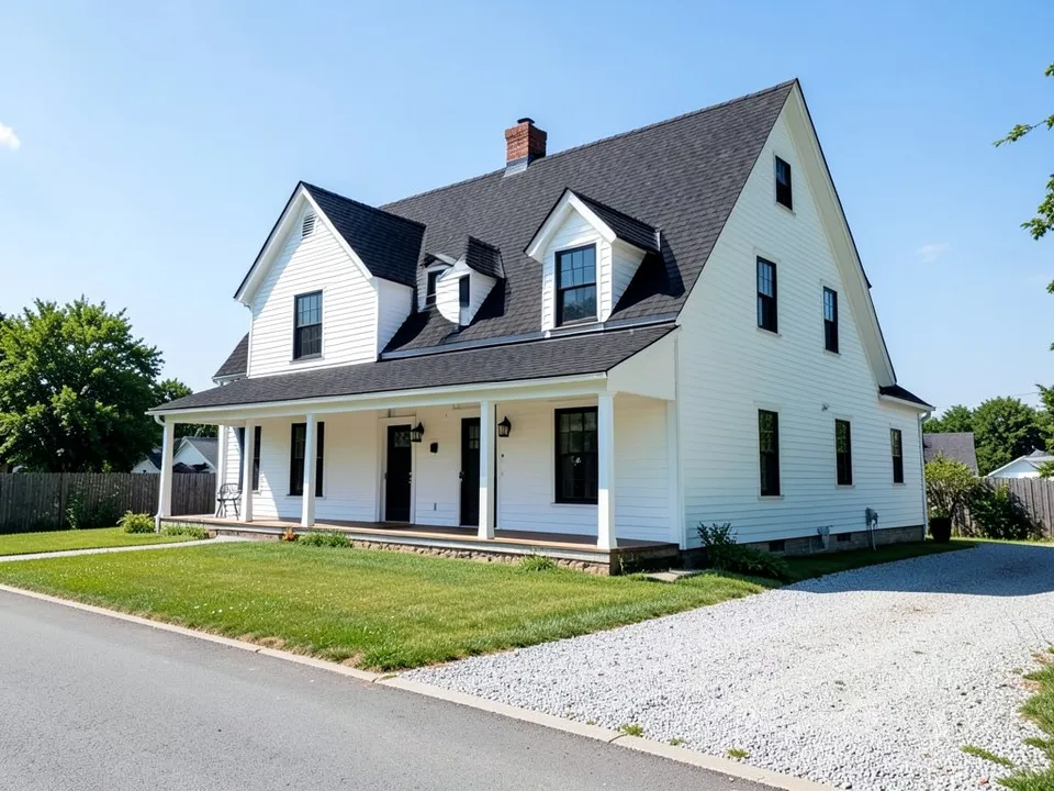 A white two-storey farmhouse with a black shingle roof, dormers and a brick chimney, a covered front porch, black windows, a lawn and a gravel drive