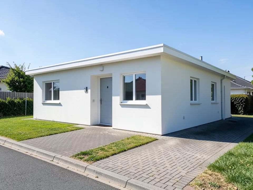 A plain single-storey white rendered house with a flat roof, plain windows, a front door, a paved driveway and a lawn