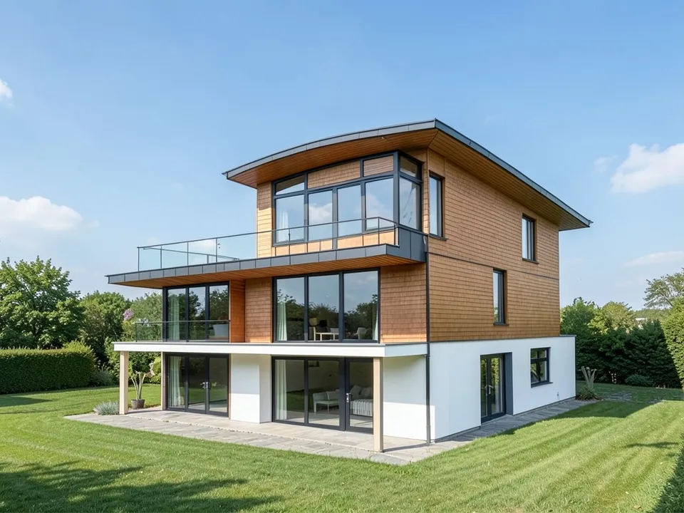 A photo-like render of the same house with a gently arched roof edge, warm timber cladding, white lower walls, black framed glass, a glass balcony, a stone terrace and a lawn