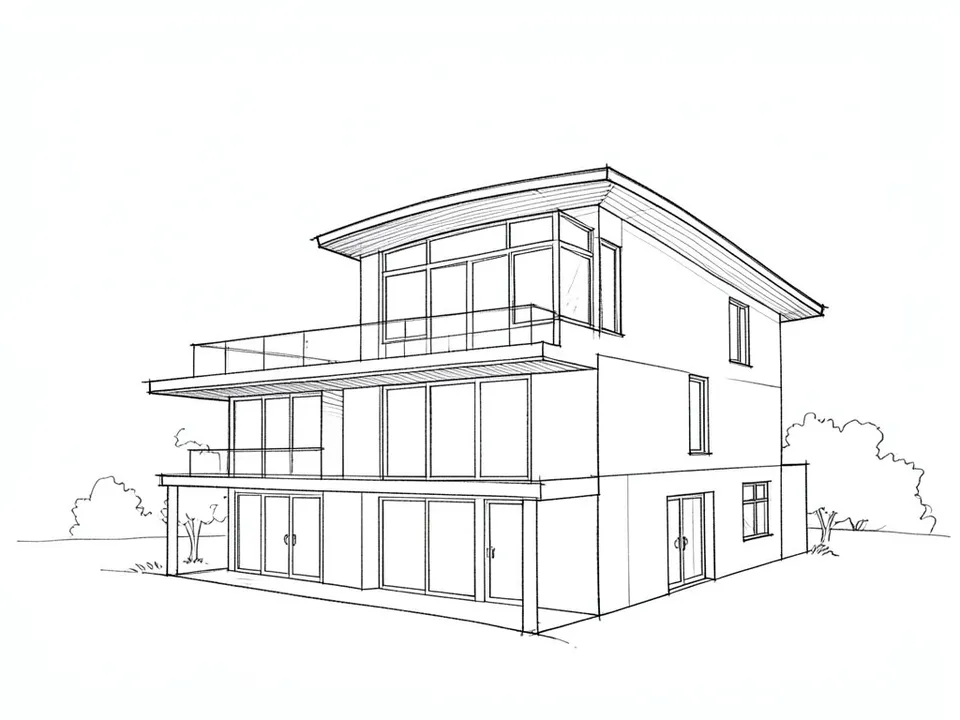 A black pencil line sketch of a modern three-level house with a gently curved top roof, a glass balcony and large windows on each level