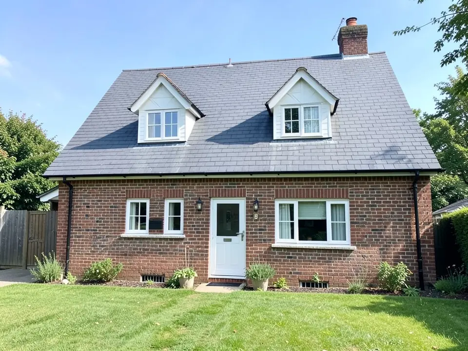Front of a brick cottage with a steep grey roof, two small gable dormers with white-framed windows on the roof, a white front door and a lawn